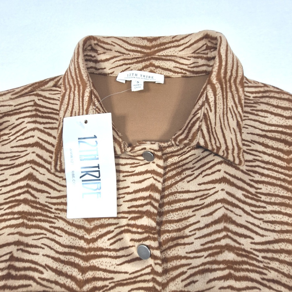 12th Tribe Shacket Womens Small Tan Zebra Print Belted Button Down ACT10640